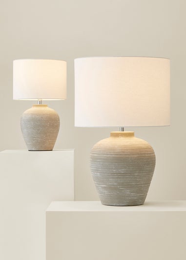 ValueLights Reid Linen Drum Shade Ribbed Ceramic Large Table Lamp