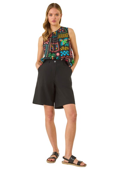 Roman Black Buttoned Wide Leg Stretch Shorts