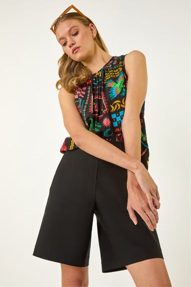 Roman Black Buttoned Wide Leg Stretch Shorts