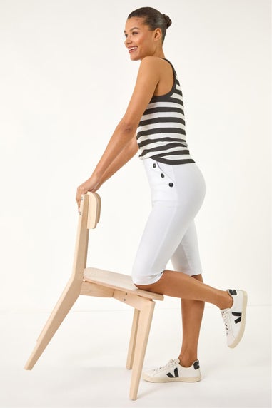 Roman White Buttoned Pocket Cropped Shorts