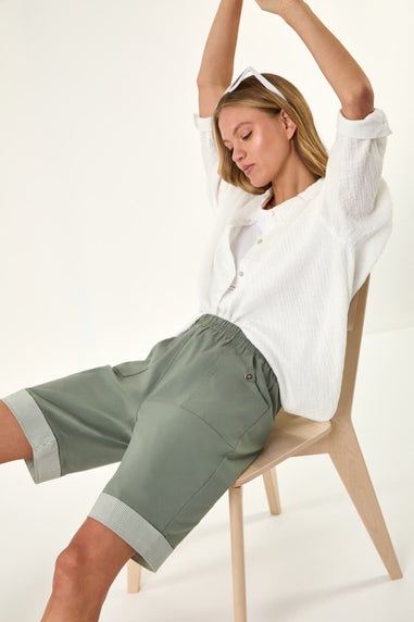 Roman Khaki Bengaline Turn Up Stripe Shorts