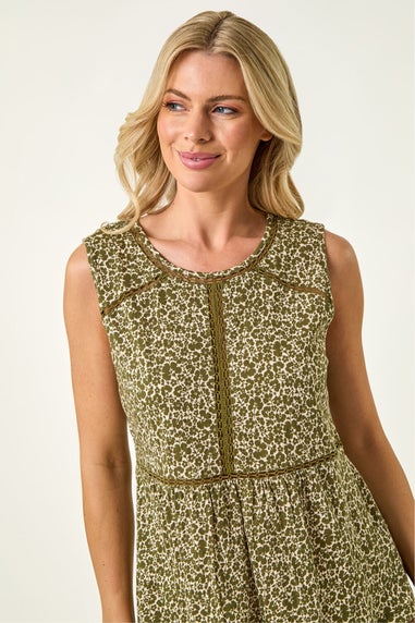 Roman Khaki Petite Floral Print Trim Vest Top