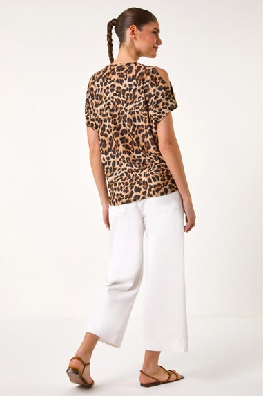 Roman Natural Animal Print Cold Shoulder Stretch Top