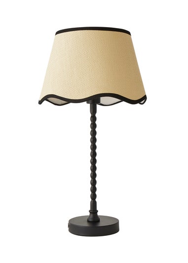 ValueLights Maeve Natural Scallop Black Trim Drum Shade Bobbin Bobble Table Lamp