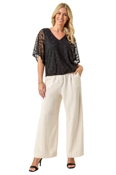 Roman Black Petite Mesh V-Neck Blouson Top