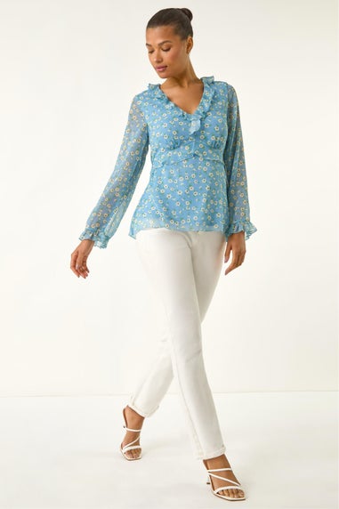 Roman Light Blue Ditsy Floral Print Frilled Top