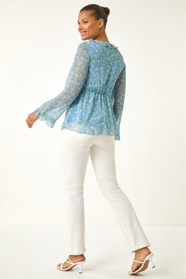 Roman Light Blue Ditsy Floral Print Frilled Top