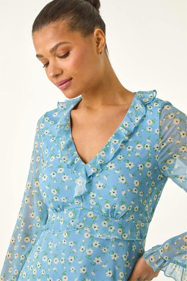Roman Light Blue Ditsy Floral Print Frilled Top