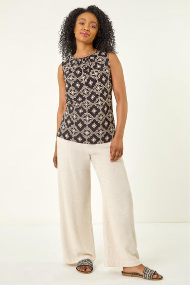 Roman Black Petite Geometric Gathered Shell Top