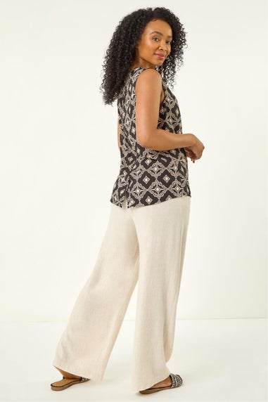 Roman Black Petite Geometric Gathered Shell Top