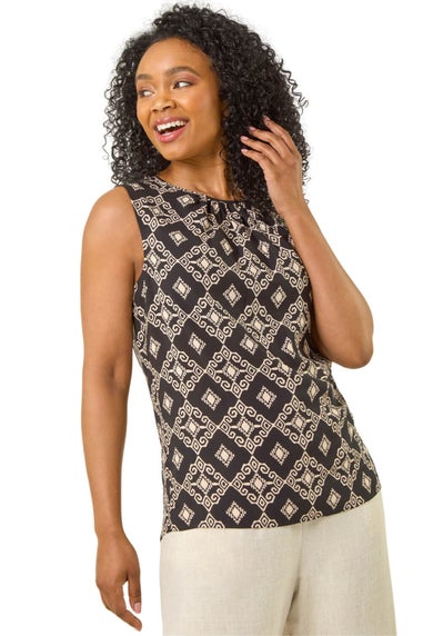 Roman Black Petite Geometric Gathered Shell Top