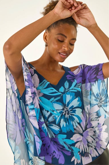 Roman Purple Floral Cold Shoulder Overlay Top