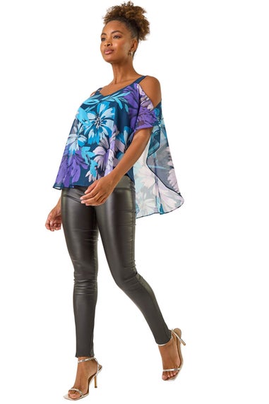 Roman Purple Floral Cold Shoulder Overlay Top