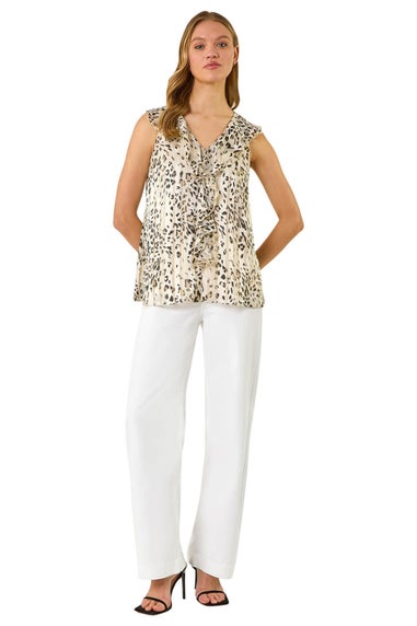Roman Beige Animal Print Ruffle Front Vest Top