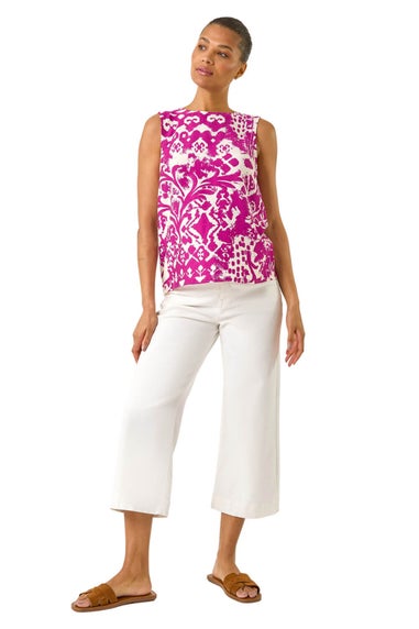 Roman Magenta Aztec Print Buttoned Back Vest Top
