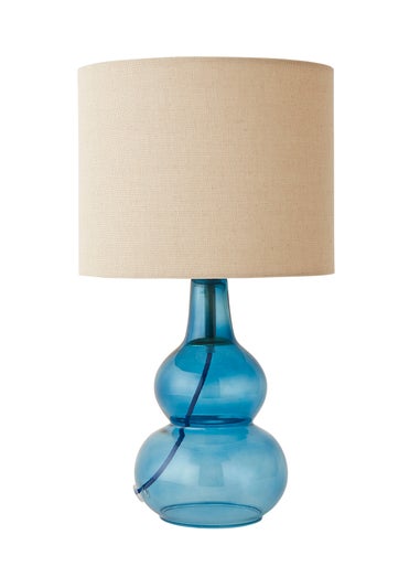 ValueLights Aida Natural Linen Tall Lamp Shade Blue Bubble Glass Table Lamp