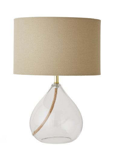 ValueLights Eloise Natural Linen Drum Shade Clear Glass Teardrop Table Lamp