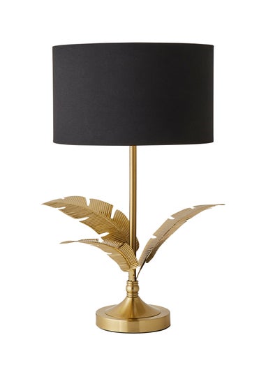 ValueLights Christina Black with Metallic Gold Drum Shade Gold Palm Leaf Table Lamp