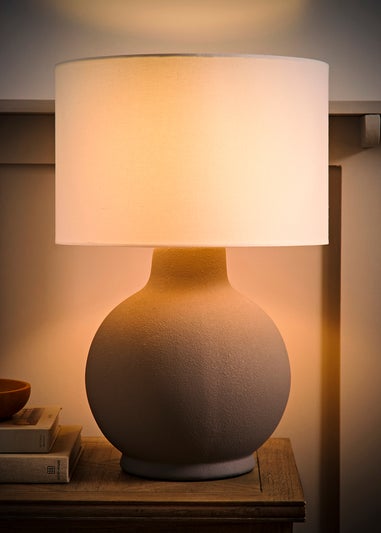 ValueLights Blair Natural Linen Drum Shade Hand Finished Ceramic Stoneware Table Lamp