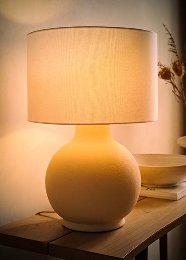 ValueLights Blair Natural Linen Drum Shade Hand Finished Ceramic Stoneware Table Lamp