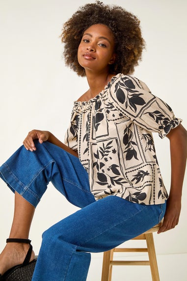 Roman Black Mono Print Bardot Top