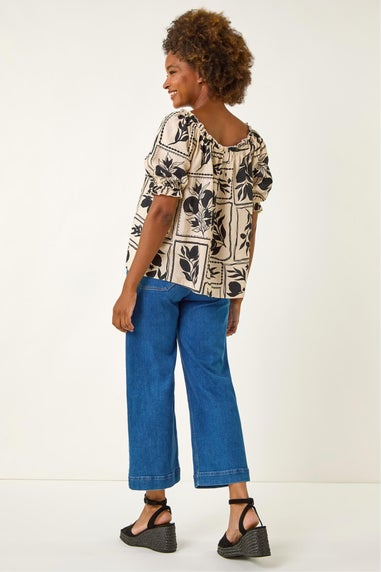 Roman Black Mono Print Bardot Top