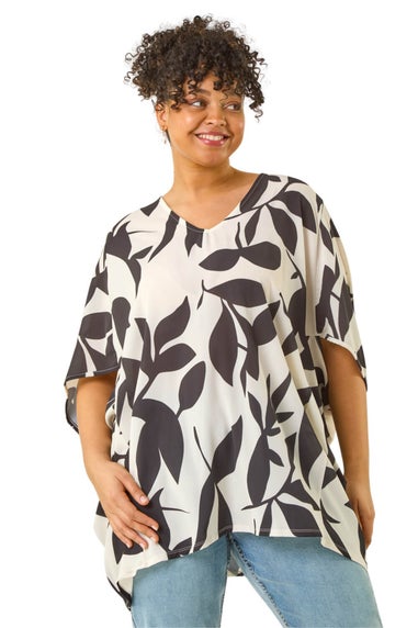 Roman Black Curve Large Floral Print Cocoon Top