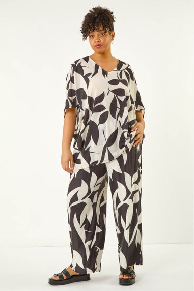 Roman Black Curve Large Floral Print Cocoon Top