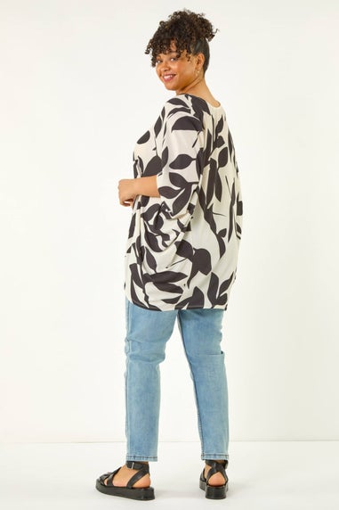 Roman Black Curve Large Floral Print Cocoon Top