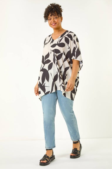 Roman Black Curve Large Floral Print Cocoon Top