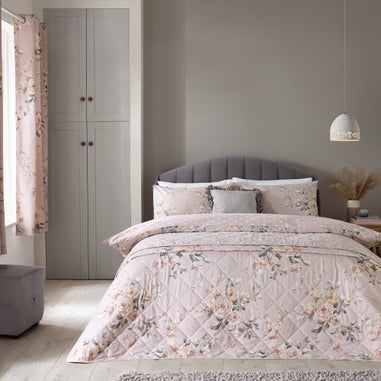 Catherine Lansfield Blush Pink Canterbury Floral Reversible Quilted Bedspread