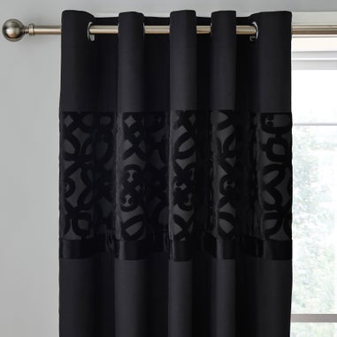 Catherine Lansfield Black Lattice Cut Velvet Lined Eyelet Curtains Two Panels