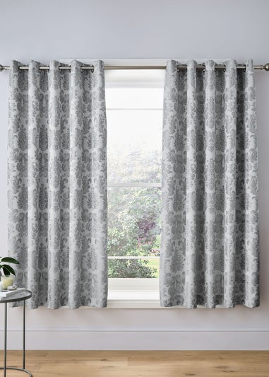 Catherine Lansfield Silver Grey Damask Jacquard Lined Eyelet Curtains Two Panels