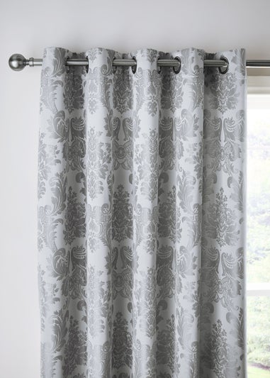 Catherine Lansfield Silver Grey Damask Jacquard Lined Eyelet Curtains Two Panels