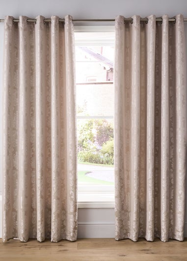 Catherine Lansfield Champagne Gold Damask Jacquard Lined Eyelet Curtains Two Panels