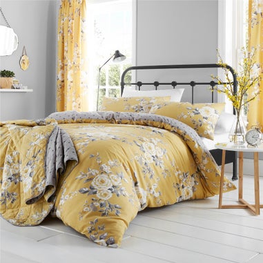 Catherine Lansfield Ochre Yellow Canterbury Floral Lined Eyelet Curtains Two Panels