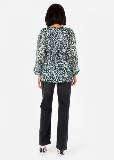 Lovedrobe Green Damask Print Long Sleeve Wrap Top