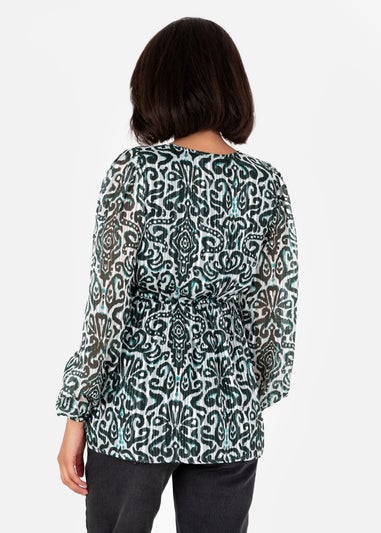 Lovedrobe Green Damask Print Long Sleeve Wrap Top