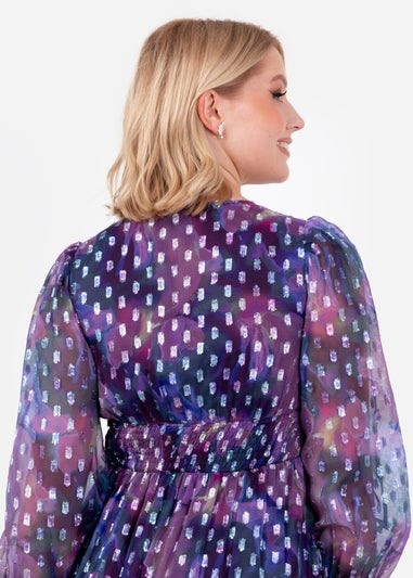 Lovedrobe Purple Long Sleeve Midi Dress With Silver Dobby Detail