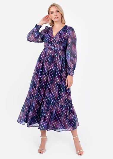 Lovedrobe Purple Long Sleeve Midi Dress With Silver Dobby Detail