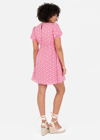 Lovedrobe Pink Floral Embroidered Short Sleeve Faux Wrap Mini Dress
