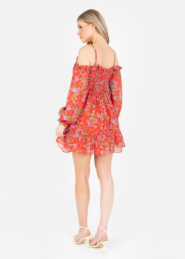 Anaya With Love Multi Coloured Floral Print Bardot Long Sleeve Mini Dress