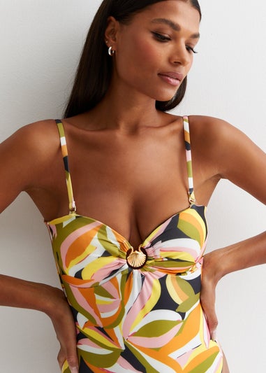 Gini London Yellow Tropical Palm Swimsuit With Gold Shell Hardware
