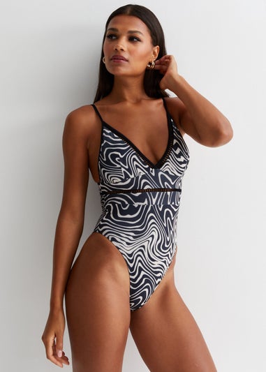 Gini London Black & White Mono Swirl Contrast Binding Hardware Swimsuit