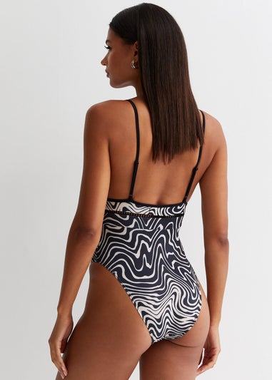 Gini London Black & White Mono Swirl Contrast Binding Hardware Swimsuit