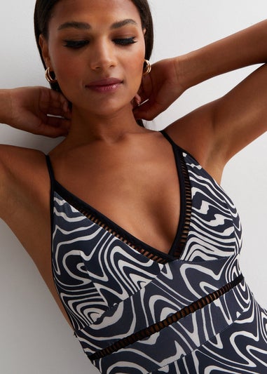 Gini London Black & White Mono Swirl Contrast Binding Hardware Swimsuit
