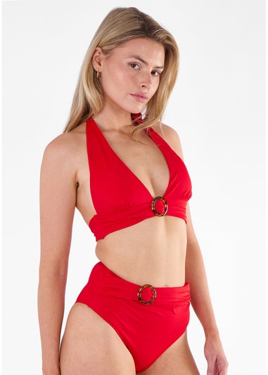 Gini London Red Halter Bikini Top With Ring Detail