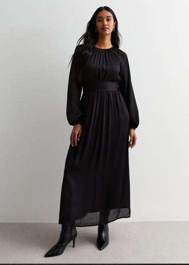 Gini London Black Crew Neck Twist Front Ruched Waist Maxi Dress