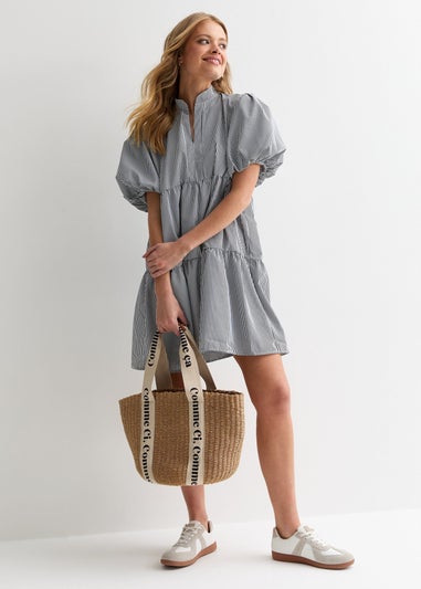Gini London Black Puff Sleeve Stripe Tiered Dress