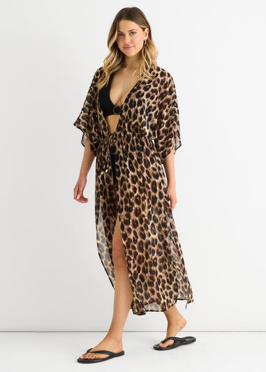 Gini London Brown Animal Print Flowy Open Front Beach Cover Kimono